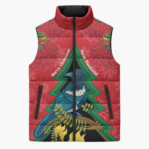 New Zealand Christmas In July Sleeveless Puffer Jacket Kowhai Tui Bird With Pohutukawa - Red - Aussie Hoodie