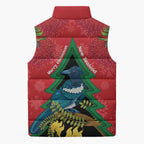 New Zealand Christmas In July Sleeveless Puffer Jacket Kowhai Tui Bird With Pohutukawa - Red - Aussie Hoodie