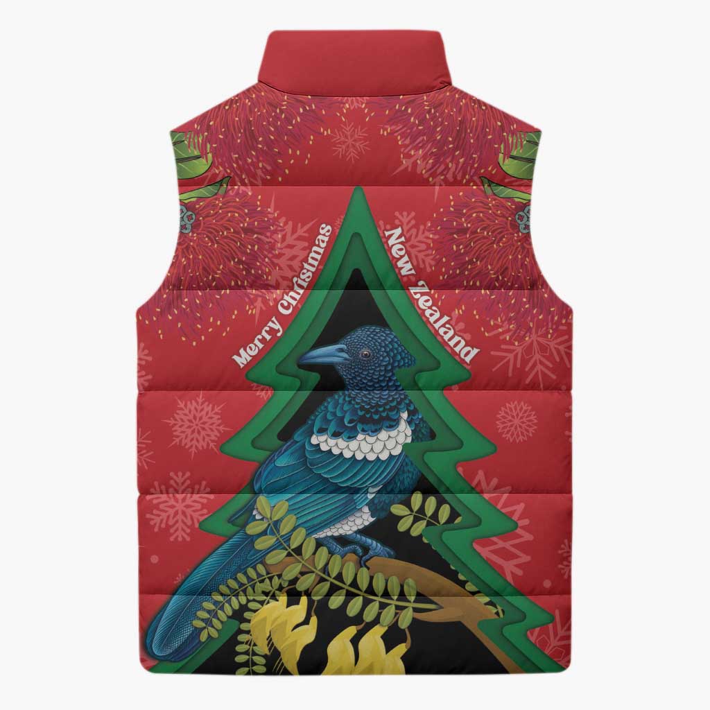 New Zealand Christmas In July Sleeveless Puffer Jacket Kowhai Tui Bird With Pohutukawa - Red - Aussie Hoodie