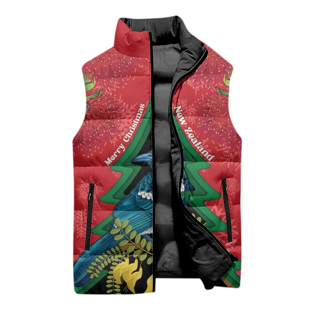 New Zealand Christmas In July Sleeveless Puffer Jacket Kowhai Tui Bird With Pohutukawa - Red - Aussie Hoodie