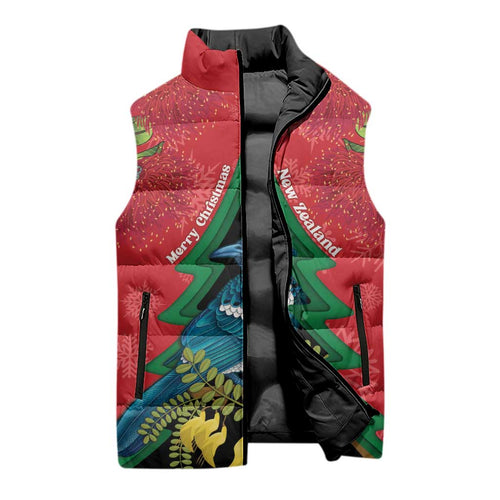 New Zealand Christmas In July Sleeveless Puffer Jacket Kowhai Tui Bird With Pohutukawa - Red - Aussie Hoodie