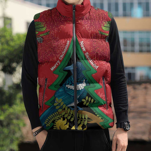 New Zealand Christmas In July Sleeveless Puffer Jacket Kowhai Tui Bird With Pohutukawa - Red - Aussie Hoodie