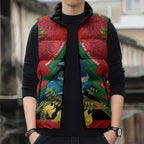 New Zealand Christmas In July Sleeveless Puffer Jacket Kowhai Tui Bird With Pohutukawa - Red - Aussie Hoodie