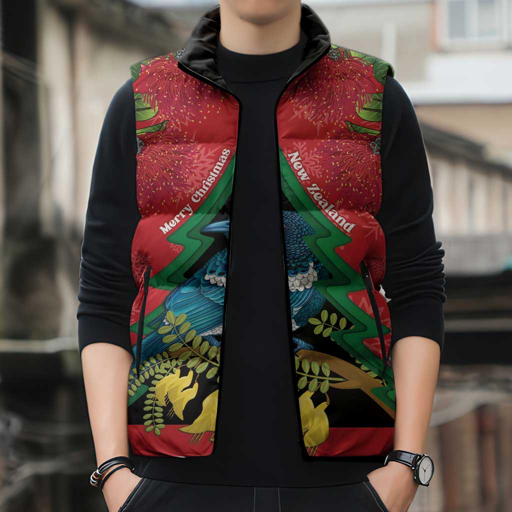 New Zealand Christmas In July Sleeveless Puffer Jacket Kowhai Tui Bird With Pohutukawa - Red - Aussie Hoodie