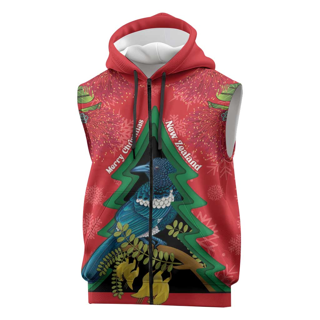 New Zealand Christmas In July Sleeveless Zip Hoodie Kowhai Tui Bird With Pohutukawa - Red LT14