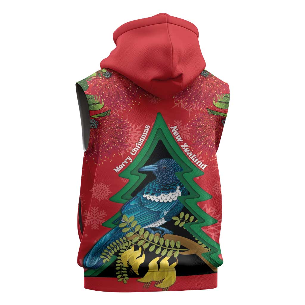 New Zealand Christmas In July Sleeveless Zip Hoodie Kowhai Tui Bird With Pohutukawa - Red LT14