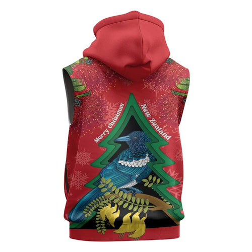 New Zealand Christmas In July Sleeveless Zip Hoodie Kowhai Tui Bird With Pohutukawa - Red LT14