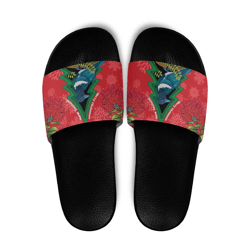 New Zealand Christmas In July Slide Sandals Kowhai Tui Bird With Pohutukawa - Red - Aussie Hoodie