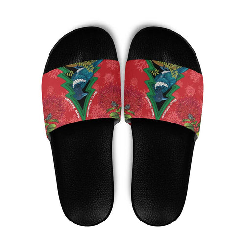 New Zealand Christmas In July Slide Sandals Kowhai Tui Bird With Pohutukawa - Red - Aussie Hoodie
