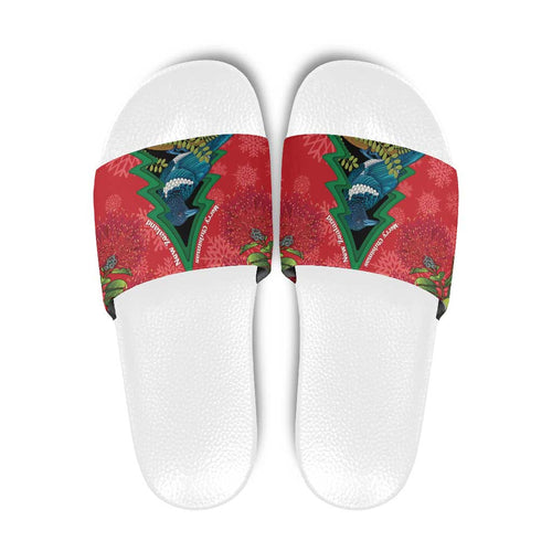 New Zealand Christmas In July Slide Sandals Kowhai Tui Bird With Pohutukawa - Red - Aussie Hoodie