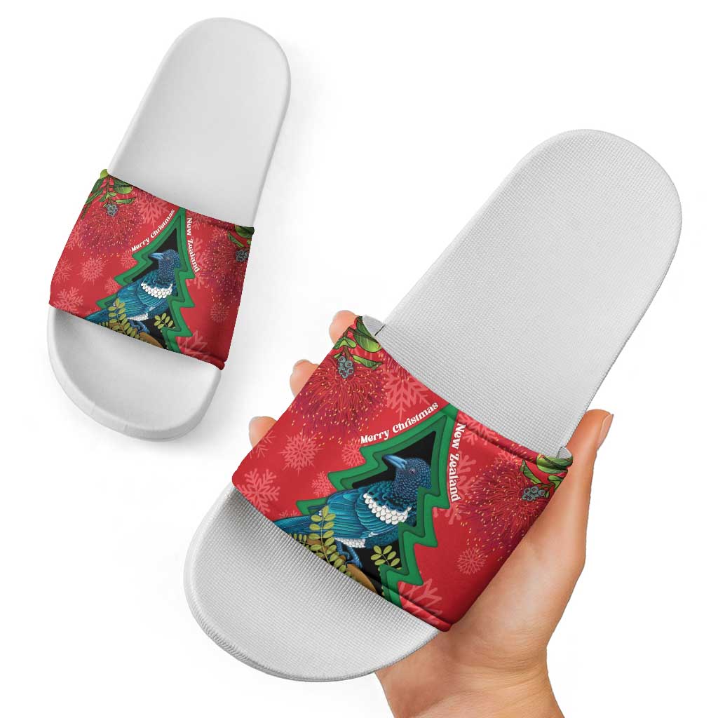 New Zealand Christmas In July Slide Sandals Kowhai Tui Bird With Pohutukawa - Red - Aussie Hoodie