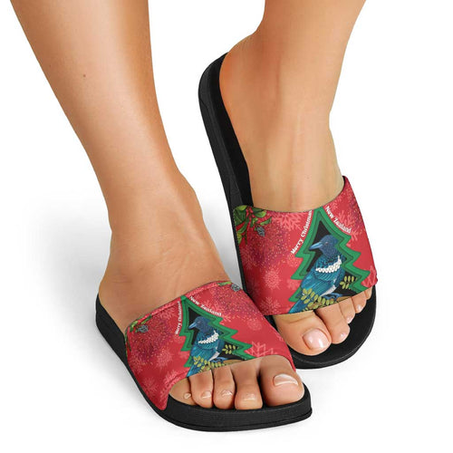 New Zealand Christmas In July Slide Sandals Kowhai Tui Bird With Pohutukawa - Red - Aussie Hoodie