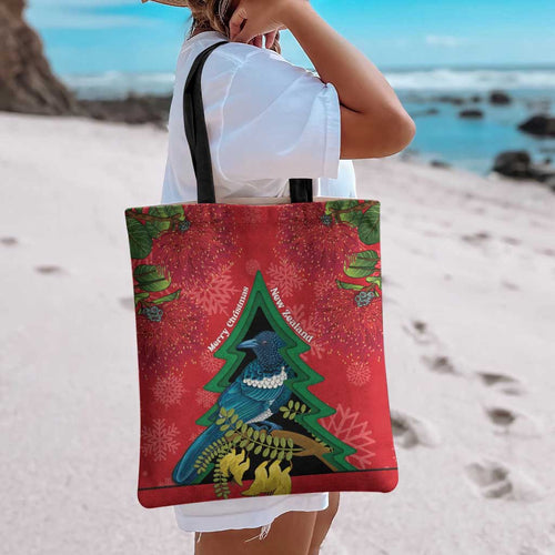 New Zealand Christmas In July Tote Bag Kowhai Tui Bird With Pohutukawa - Red - Aussie Hoodie