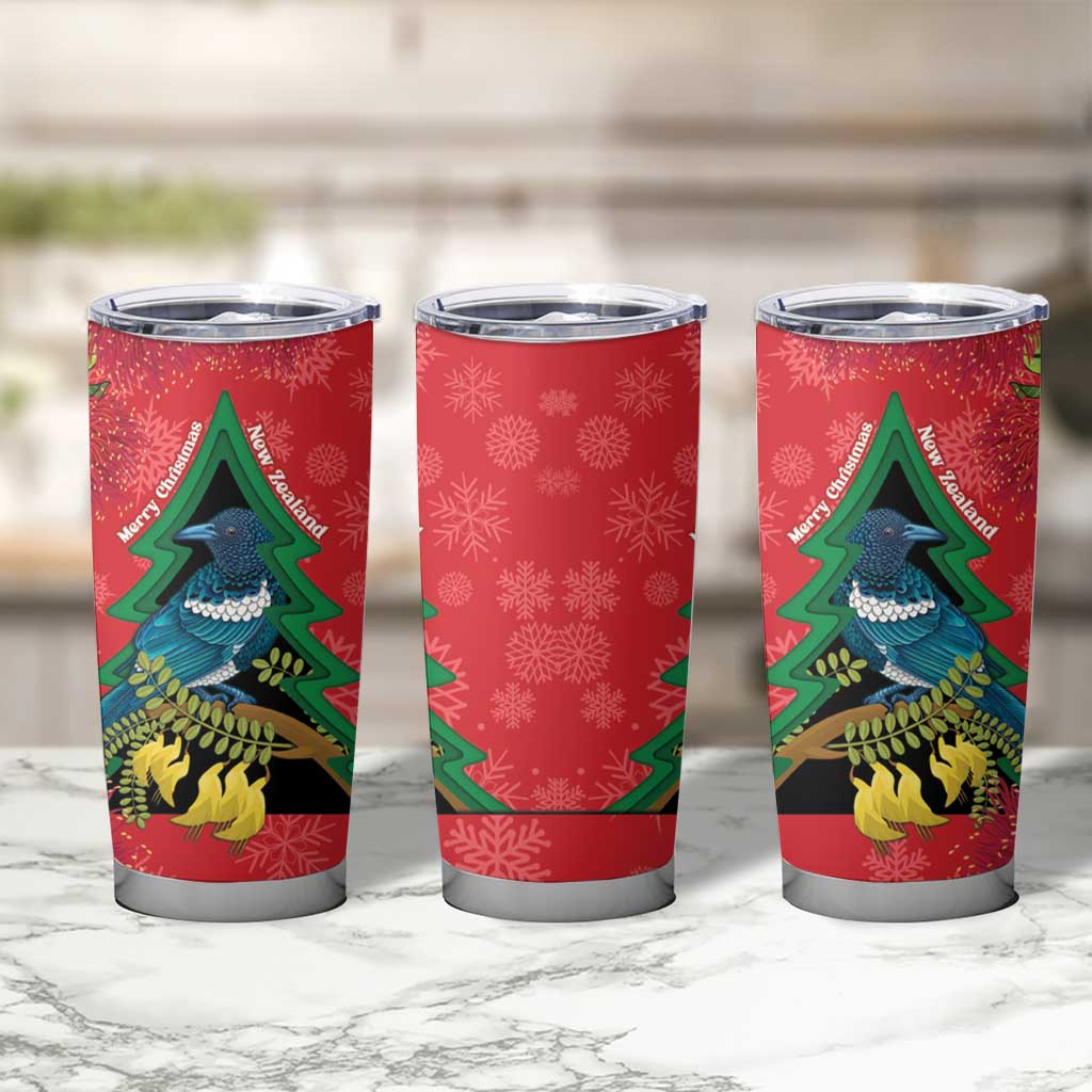 New Zealand Christmas In July Tumbler Cup Kowhai Tui Bird With Pohutukawa - Red