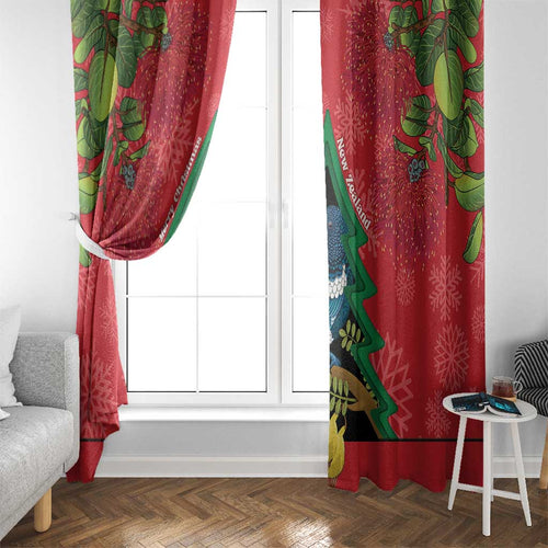 New Zealand Christmas In July Window Curtain Kowhai Tui Bird With Pohutukawa - Red