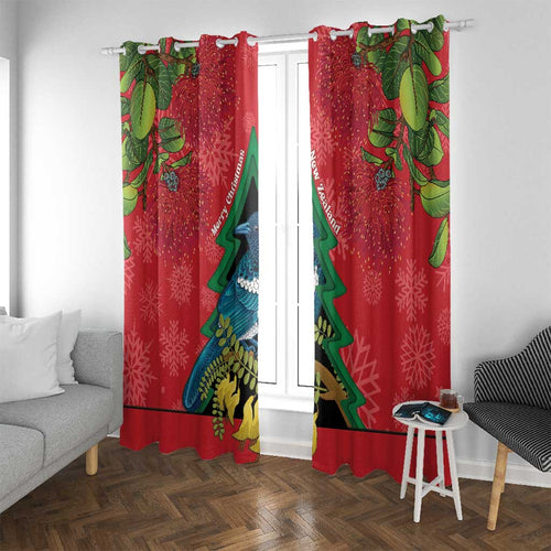 New Zealand Christmas In July Window Curtain Kowhai Tui Bird With Pohutukawa - Red