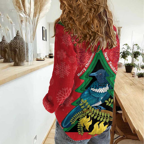 New Zealand Christmas In July Women Casual Shirt Kowhai Tui Bird With Pohutukawa - Red