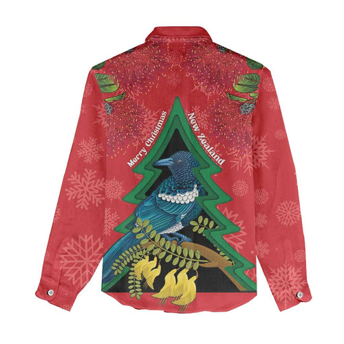 New Zealand Christmas In July Women Casual Shirt Kowhai Tui Bird With Pohutukawa - Red