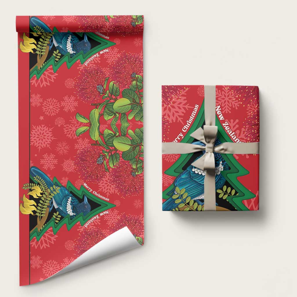New Zealand Christmas In July Wrapping Paper Kowhai Tui Bird With Pohutukawa - Red - Aussie Hoodie