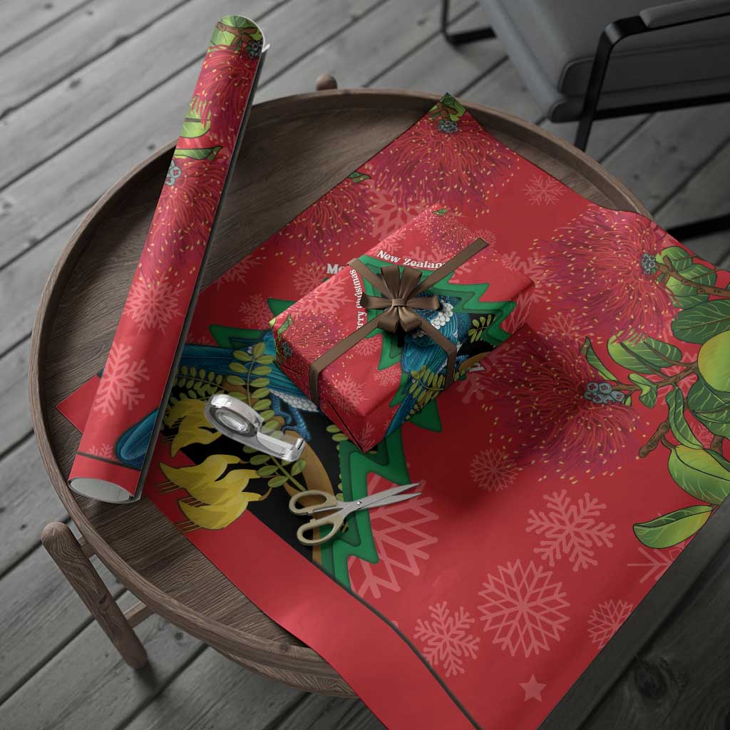 New Zealand Christmas In July Wrapping Paper Kowhai Tui Bird With Pohutukawa - Red - Aussie Hoodie