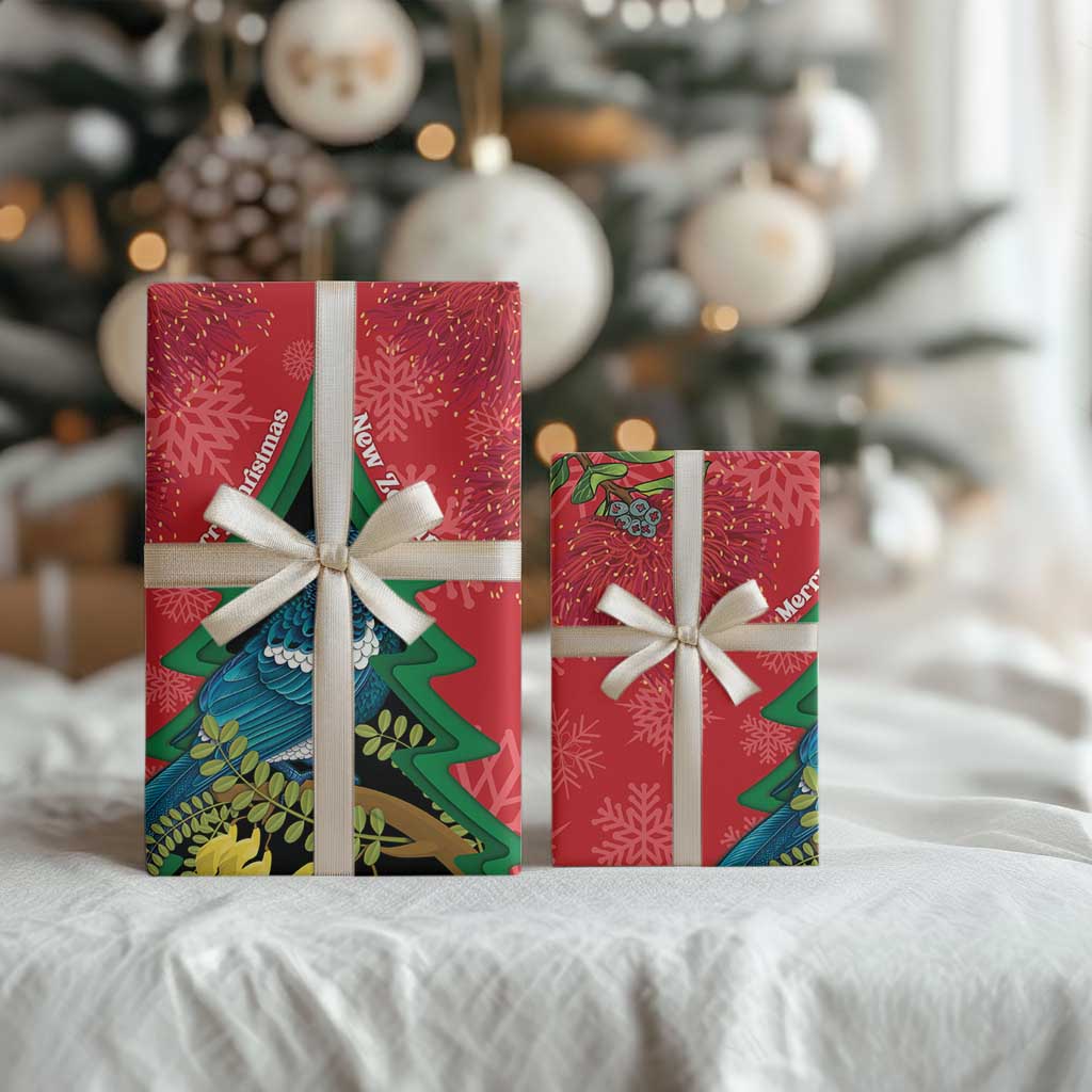 New Zealand Christmas In July Wrapping Paper Kowhai Tui Bird With Pohutukawa - Red - Aussie Hoodie