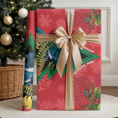 New Zealand Christmas In July Wrapping Paper Kowhai Tui Bird With Pohutukawa - Red - Aussie Hoodie