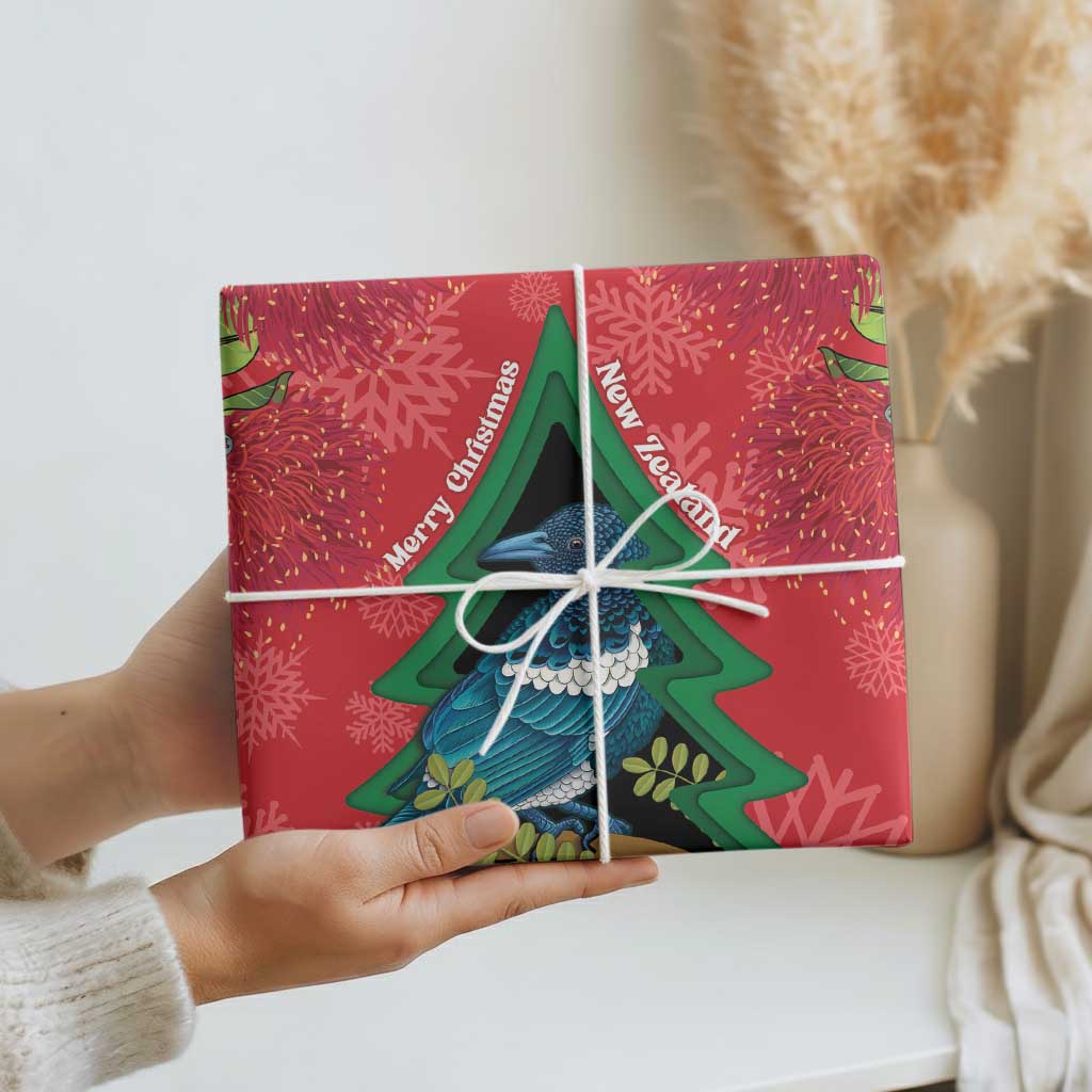 New Zealand Christmas In July Wrapping Paper Kowhai Tui Bird With Pohutukawa - Red - Aussie Hoodie