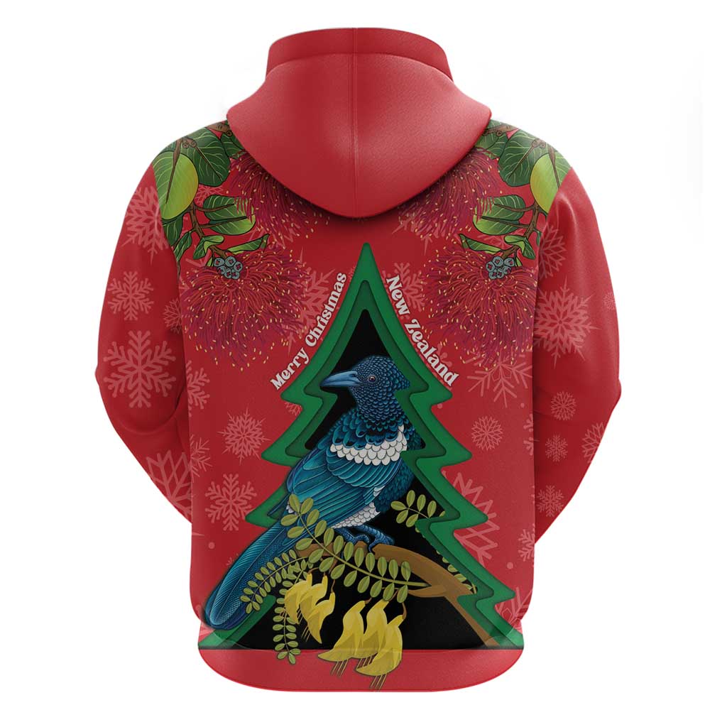 New Zealand Christmas In July Zip Hoodie Kowhai Tui Bird With Pohutukawa - Red