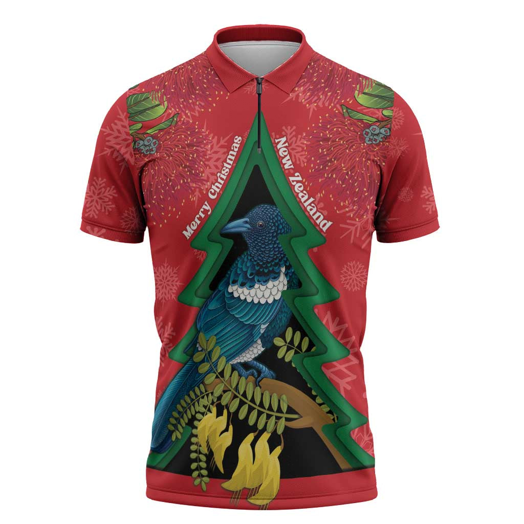 New Zealand Christmas In July Zipper Polo Shirt Kowhai Tui Bird With Pohutukawa - Red - Aussie Hoodie