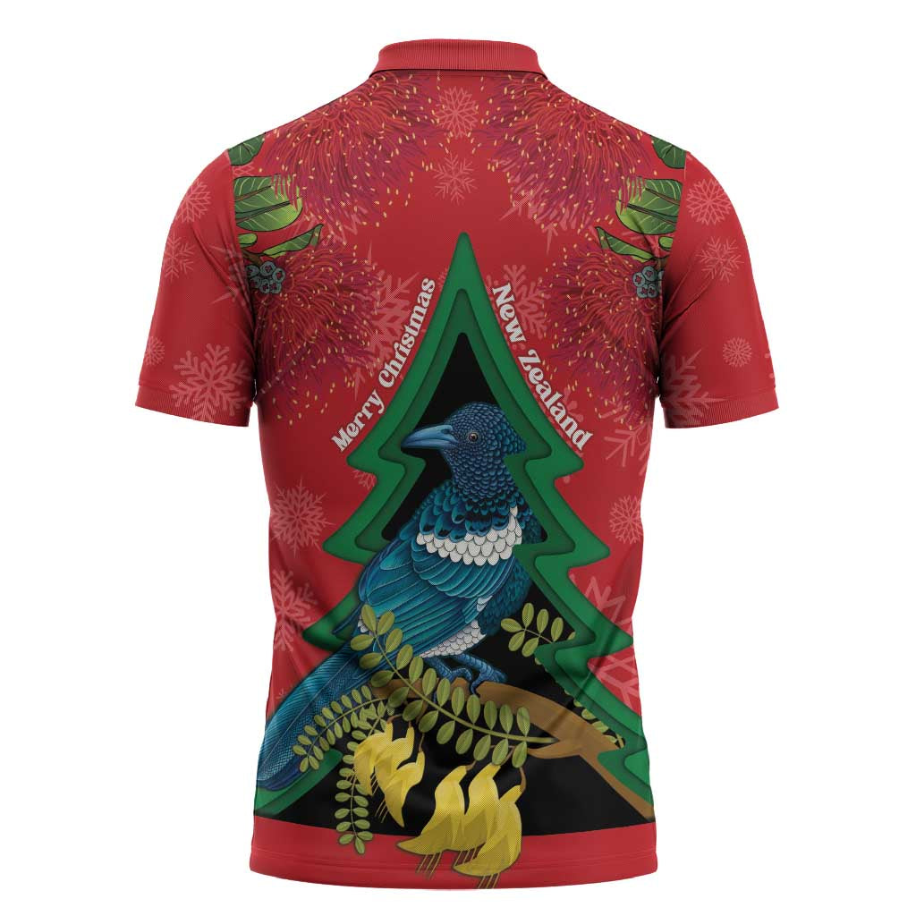 New Zealand Christmas In July Zipper Polo Shirt Kowhai Tui Bird With Pohutukawa - Red - Aussie Hoodie