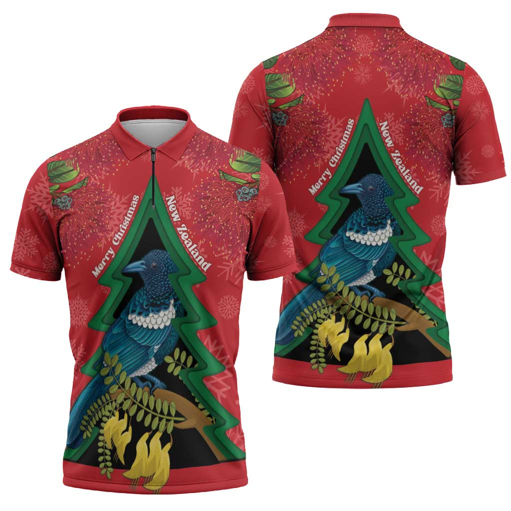 New Zealand Christmas In July Zipper Polo Shirt Kowhai Tui Bird With Pohutukawa - Red - Aussie Hoodie