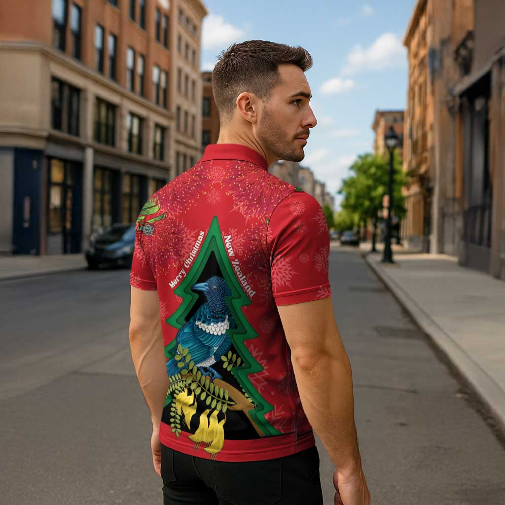 New Zealand Christmas In July Zipper Polo Shirt Kowhai Tui Bird With Pohutukawa - Red - Aussie Hoodie