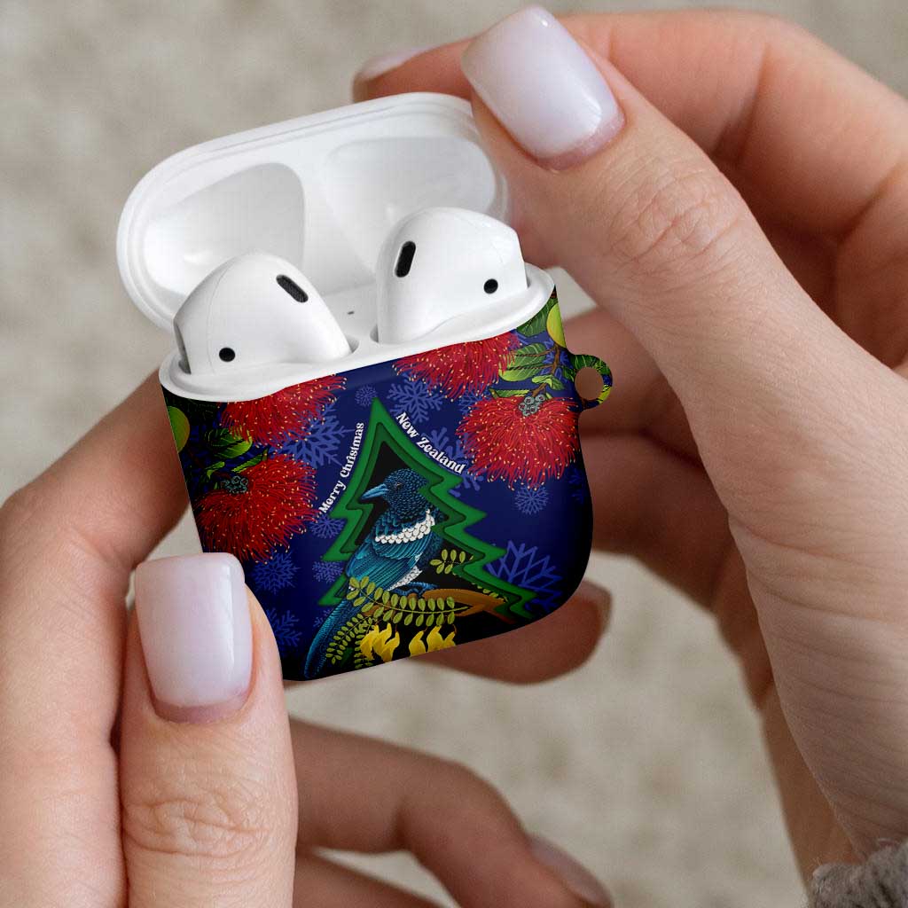New Zealand Christmas In July AirPods Case Kowhai Tui Bird With Pohutukawa - Blue - Aussie Hoodie