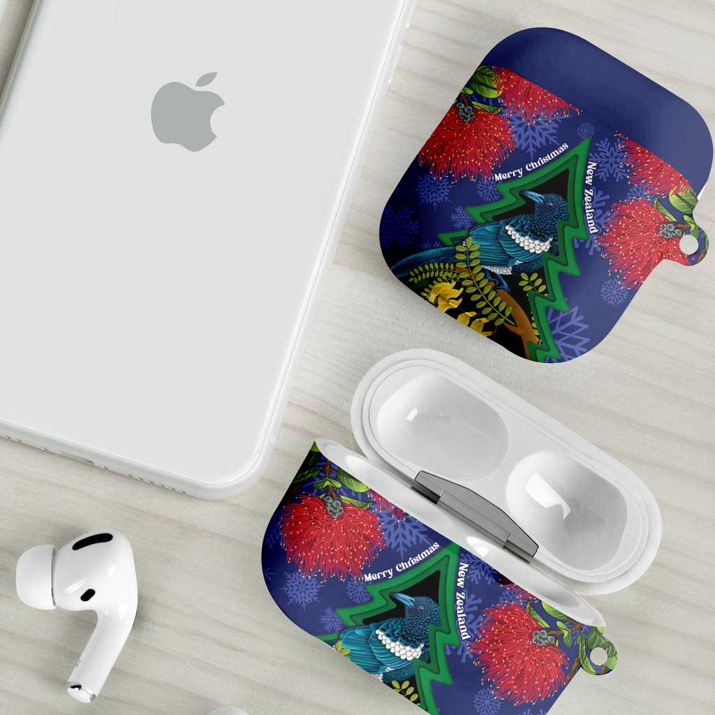 New Zealand Christmas In July AirPods Case Kowhai Tui Bird With Pohutukawa - Blue - Aussie Hoodie