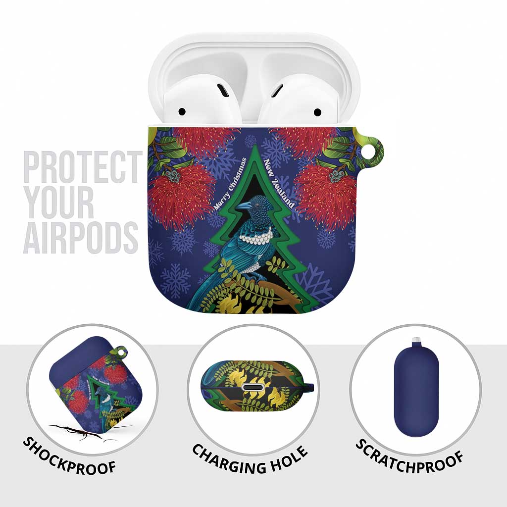 New Zealand Christmas In July AirPods Case Kowhai Tui Bird With Pohutukawa - Blue - Aussie Hoodie
