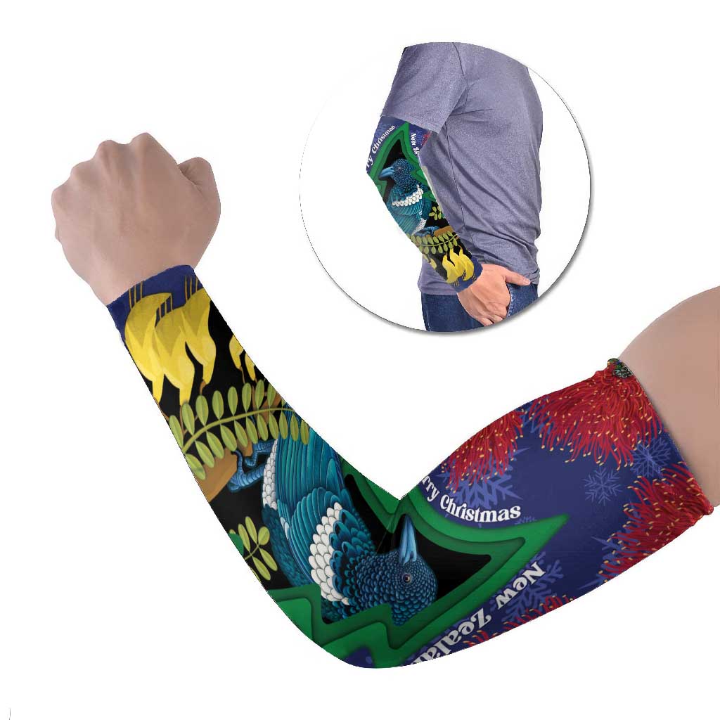 New Zealand Christmas In July Arm Sleeves Kowhai Tui Bird With Pohutukawa - Blue - Aussie Hoodie