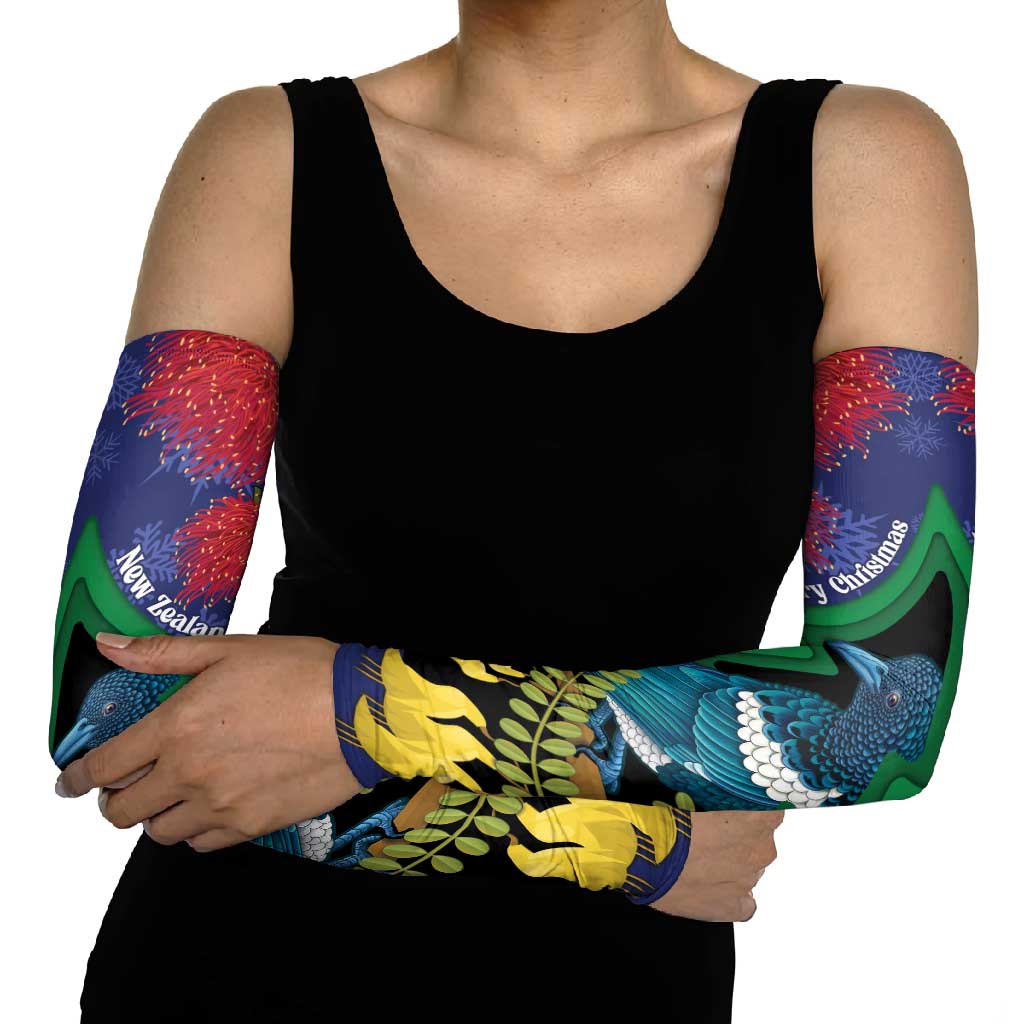 New Zealand Christmas In July Arm Sleeves Kowhai Tui Bird With Pohutukawa - Blue - Aussie Hoodie