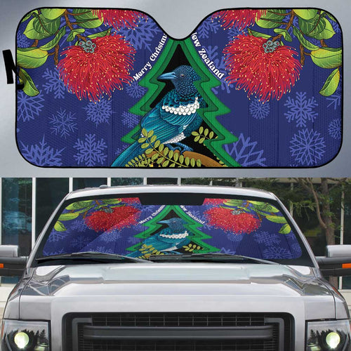 New Zealand Christmas In July Auto Sun Shade Kowhai Tui Bird With Pohutukawa - Blue - Aussie Hoodie