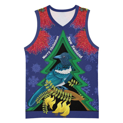 New Zealand Christmas In July Basketball Jersey Kowhai Tui Bird With Pohutukawa - Blue - Aussie Hoodie