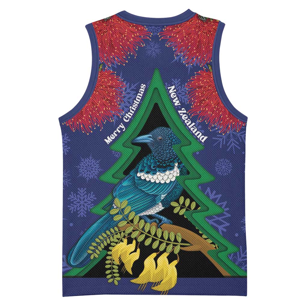 New Zealand Christmas In July Basketball Jersey Kowhai Tui Bird With Pohutukawa - Blue - Aussie Hoodie