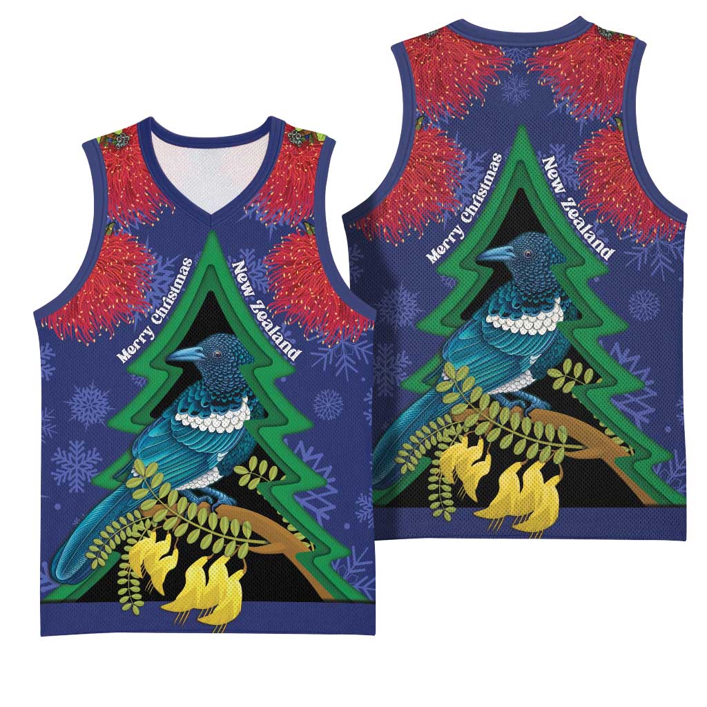 New Zealand Christmas In July Basketball Jersey Kowhai Tui Bird With Pohutukawa - Blue - Aussie Hoodie