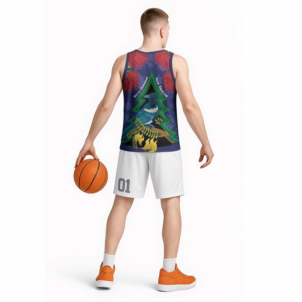 New Zealand Christmas In July Basketball Jersey Kowhai Tui Bird With Pohutukawa - Blue - Aussie Hoodie