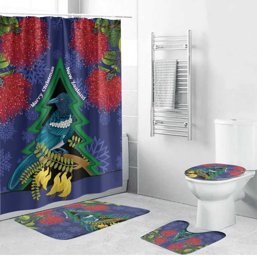 New Zealand Christmas In July Bathroom Set Kowhai Tui Bird With Pohutukawa - Blue - Aussie Hoodie