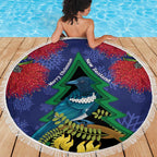 New Zealand Christmas In July Beach Blanket Kowhai Tui Bird With Pohutukawa - Blue