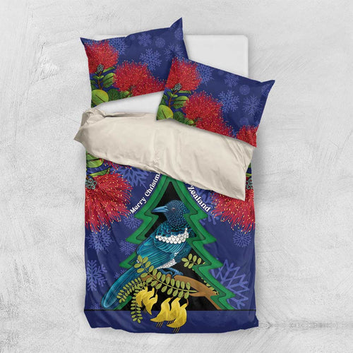 New Zealand Christmas In July Bedding Set Kowhai Tui Bird With Pohutukawa - Blue