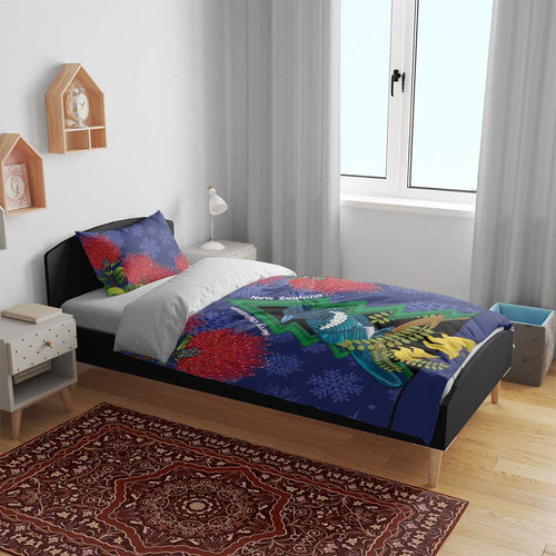 New Zealand Christmas In July Bedding Set Kowhai Tui Bird With Pohutukawa - Blue