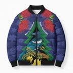 New Zealand Christmas In July Bomber Puffer Jacket Kowhai Tui Bird With Pohutukawa - Blue - Aussie Hoodie