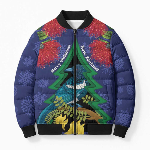 New Zealand Christmas In July Bomber Puffer Jacket Kowhai Tui Bird With Pohutukawa - Blue - Aussie Hoodie