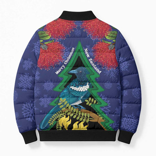 New Zealand Christmas In July Bomber Puffer Jacket Kowhai Tui Bird With Pohutukawa - Blue - Aussie Hoodie