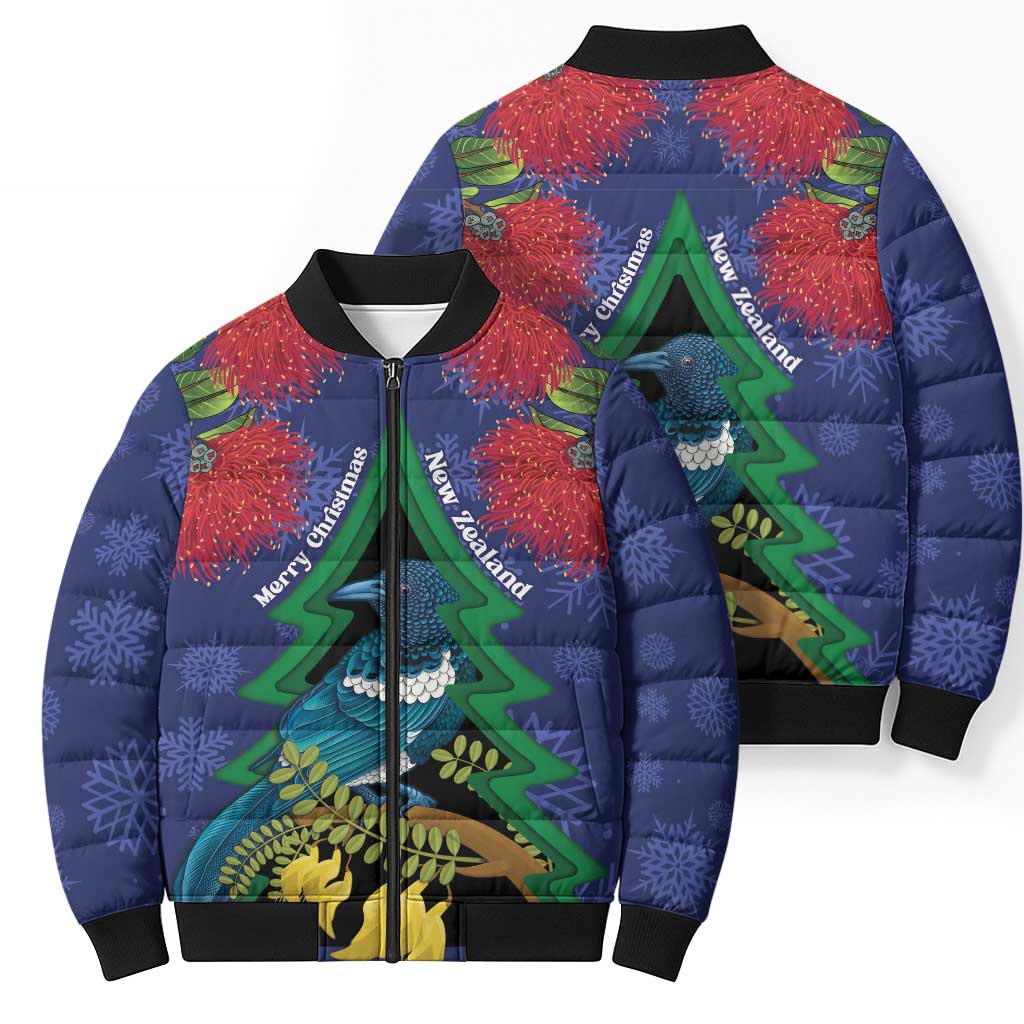 New Zealand Christmas In July Bomber Puffer Jacket Kowhai Tui Bird With Pohutukawa - Blue - Aussie Hoodie